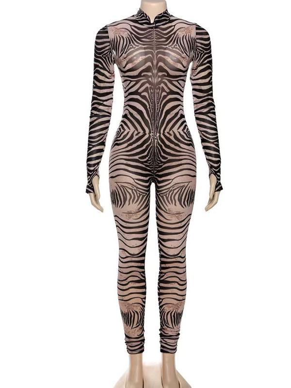 Women's Zebra Print Slim-Fit Long-Sleeve Jumpsuit