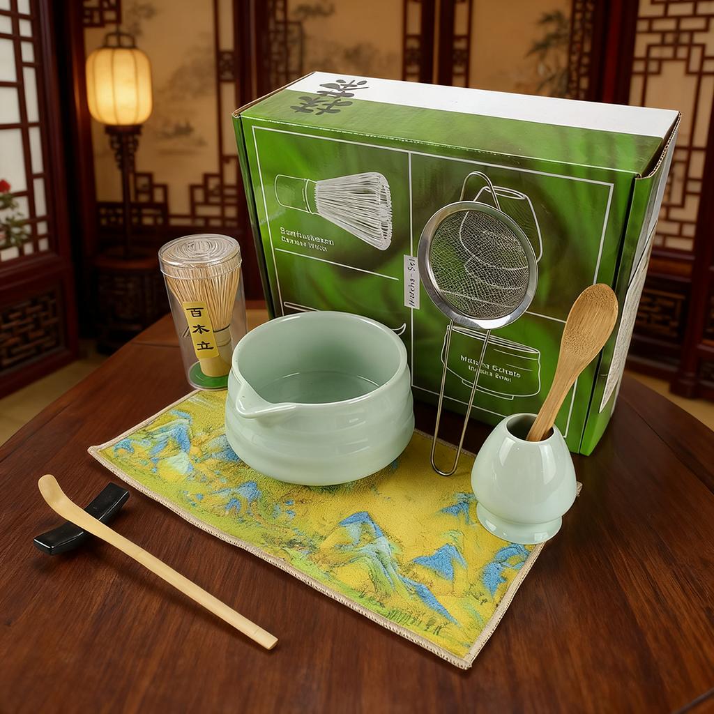 8PCS/Set Japanese Matcha Set, Including Bowl, Cloth, Spoon, Tea Whisk Stand, Strainer, Tea Whisk, Matcha Brush - Traditional