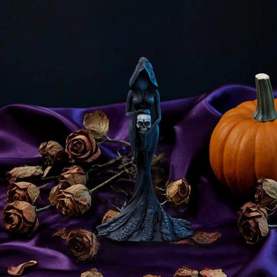 Faceless Hooded Resin Statue, Gothic Dark Halloween Ornament, Mysterious Ghost Holding Skull Sculpture, Artistic Figurine with Dress for Living Room