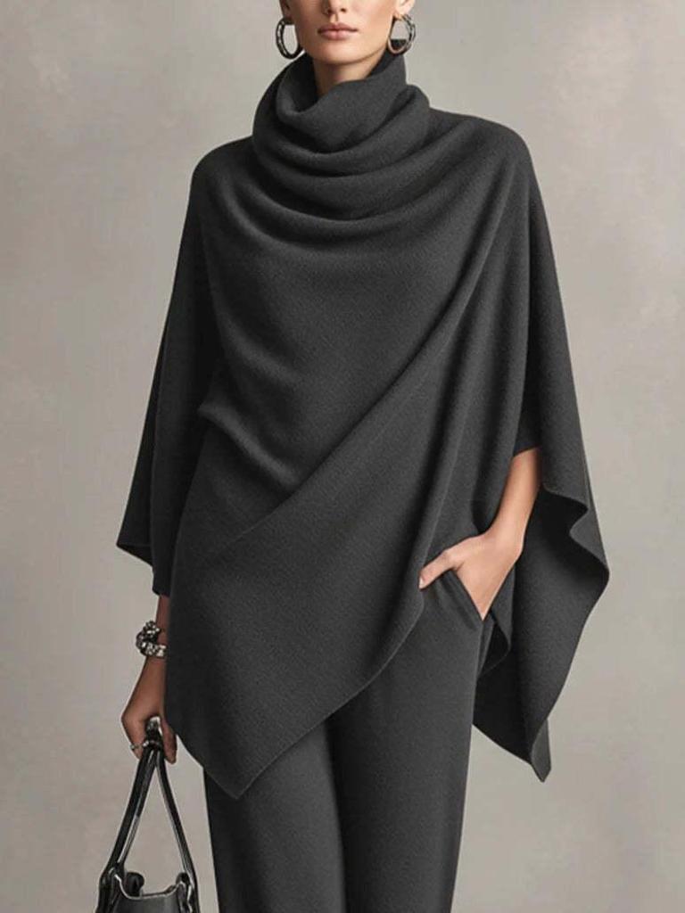 Women's Autumn/Winter Fleece Two-Piece Set: Stand Collar Cape & Wide-Leg Pants