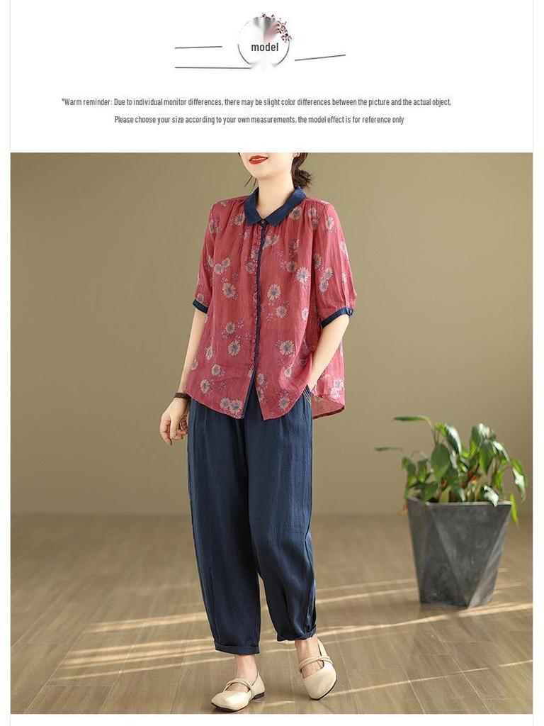 2025 Κορεάτικου Στυλ Μεγάλο Μέγεθος Αδυνατιστικό Ρετρό Δύο Τεμαχίων Βαμβακερό Λινό Καλοκαιρινό Κοστούμι για Γυναίκες