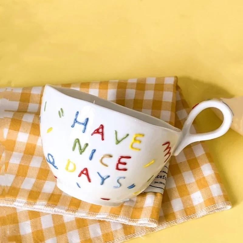 300ml Handheld Irregular Ceramic Mug Embossed Sugar Needle Breakfast Milk Coffee Cup Heat Insulation Water Cup Birthday Gifts