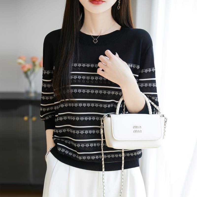 Women Knit T-shirt MODERN NEW SAGA Summer Knitted Shirt Short Sleeve Tees O-neck Patchwork Pullover Knit Tops