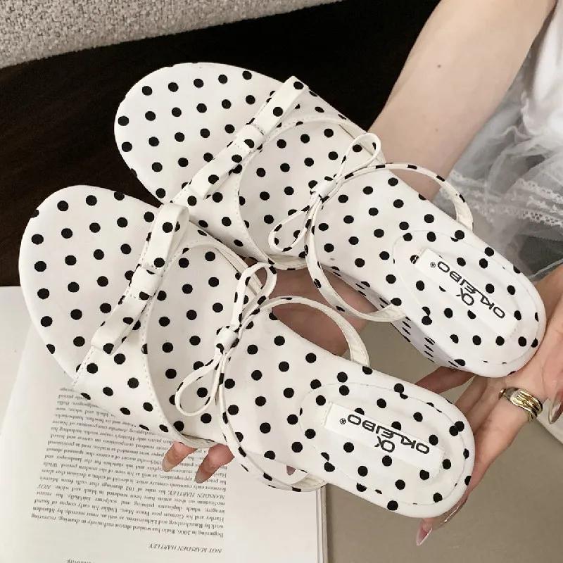 Fashion Elegant Bow Polka Dot Design Brand Slipper Women Fashion Narrow Band Slide Sandal Comfort Soft Bottom Dresses Sandalias De Mujer