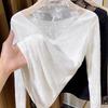 Women's Fleece-Lined Lace Half-High Collar Long Sleeve Base Layer - Stylish and Warm Autumn/Winter Mesh Top