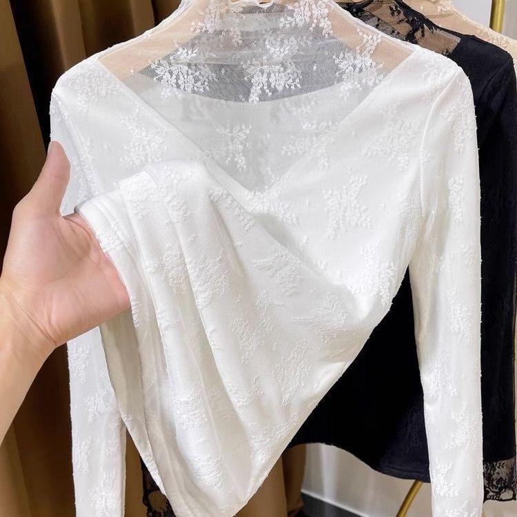 Women's Fleece-Lined Lace Half-High Collar Long Sleeve Base Layer - Stylish and Warm Autumn/Winter Mesh Top
