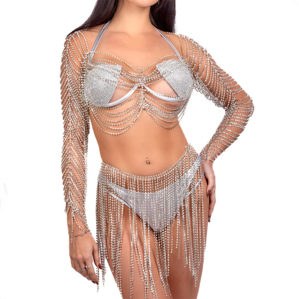 Bankett Sexy Fransen BH Rock Set Glänzend Mehrschichtig Strass Bikini Körperkette Damen Körperkette