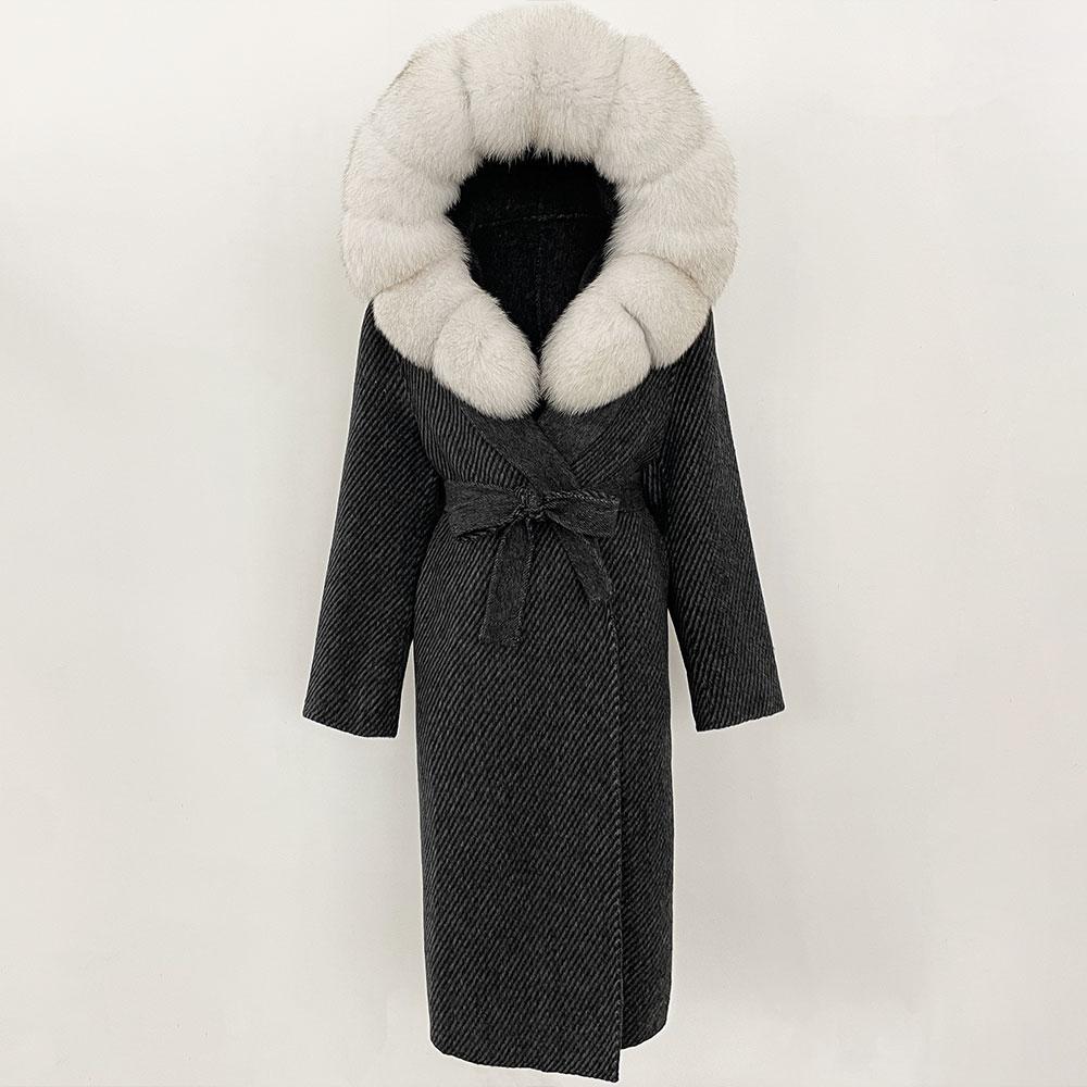 OFTBUY Winter Women Coat Real Natural Fox Fur Hooded Detachable Collar Double-faced Woolen Jacket Long Casual Elegant Overwears