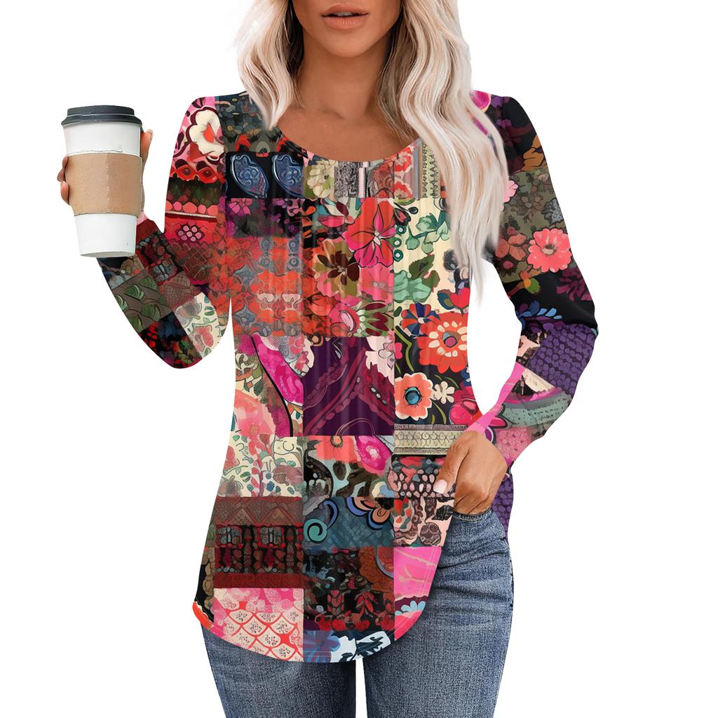 Damenmode Lässig Plissiert Rundhals Vintage Blumendruck Langarm T-Shirt Top