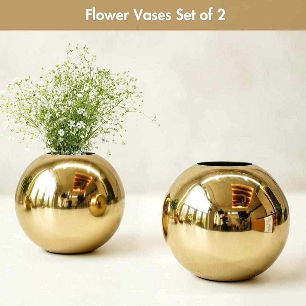 Metal Ball Round Metal Vase Set of 2 for Home Décor Decorative Flower Pot for Valentine’s Day