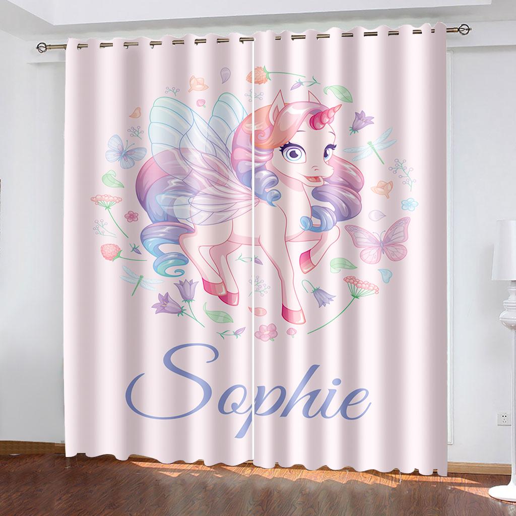 Adorable Animated Pink Rainbow Unicorn Horse Vibrant Girl Shading Window Panel Curtains for Kids Living Room Bedroom Bathroom Door 2Pieces