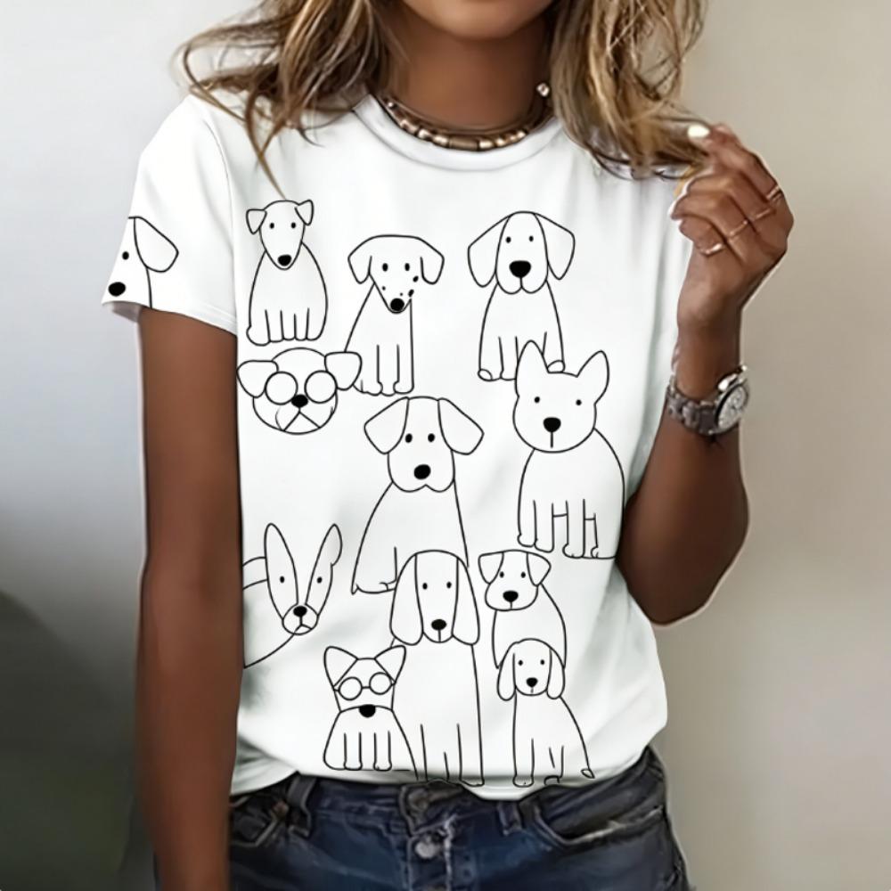 Lady Cute T-shirts Crew Neck Short Sleeve Cartoon Dog Print T Shirt Women's Outfits Casual Daily Wear
