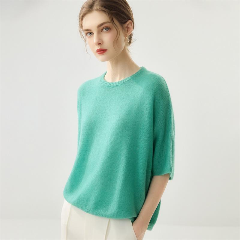 Lekasha Women's Cashmere Goat Wool Relaxed Round Neck Short Sleeve Base Layer Top