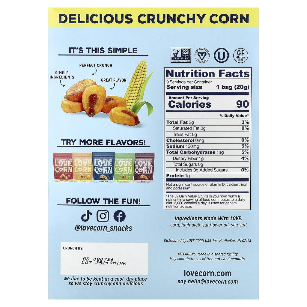 Love Corn, Delicious Crunchy Corn, Sea Salt, 9 Packs, 20g (0.7oz) Each