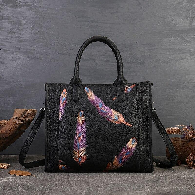 Johnature Retro Feather Embossed Handbag Genuine Leather Women Bag Large Capacity Real Cowhide Casual Shoulder Bags