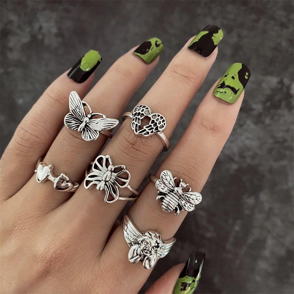 17KM Gothic Punk Steampunk Heart Butterfly Skull Ring Sets Party Jewelry 2021