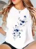 Women'S Floral Print T-Shirt  Blue Floral Design Casual Crew Neck Short Sleeve Spring Summer Fall Fashion Top Ladies T Shirts