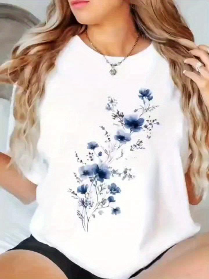 Women'S Floral Print T-Shirt  Blue Floral Design Casual Crew Neck Short Sleeve Spring Summer Fall Fashion Top Ladies T Shirts