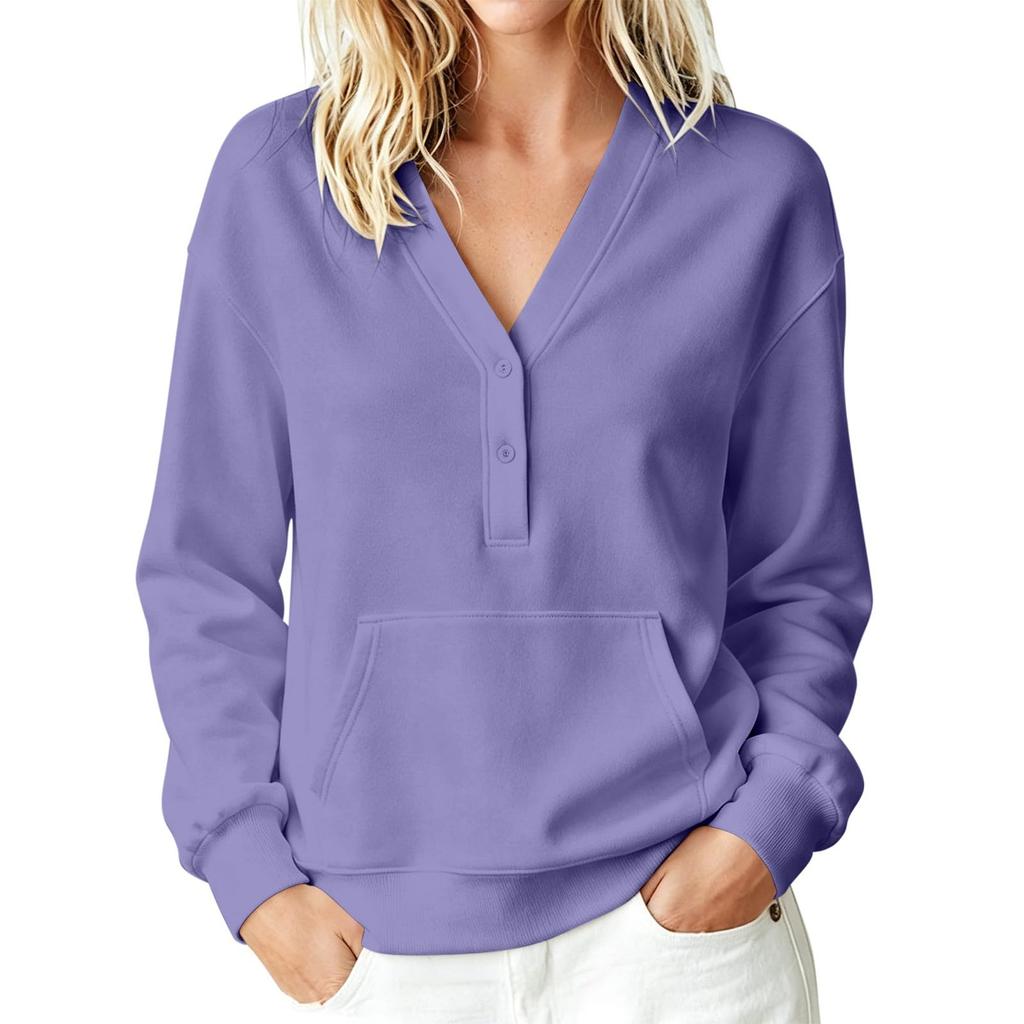 Women's Casual V Neck Pullover Sweatshirt Long Sleeve Buttoned Top with Front Pocket Lightweight Comfortable Fit