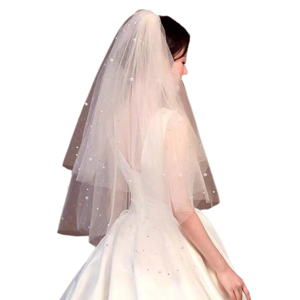 Elegant Brudeslør i Blonder Kvinner Perle Tyll Utdrikningslag Hvitt Slør med Rhinestone for Bryllupsforestillinger