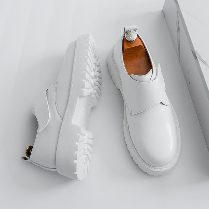 White Short Boots, Lazy One-pedal Thick-soled Inner Height-increasing Zipper, Big-headed Leather Shoes, Men's Loafers, Spring Round Head.