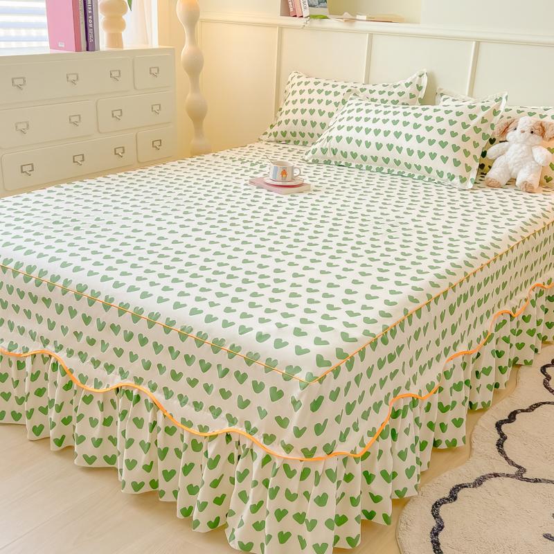 Printed Bed Skirt with Pillowcase Queen Size Bed Cover Set Ruffles Mattress Protector Home Bed Linen Soft Bedspread Jupe De Lit