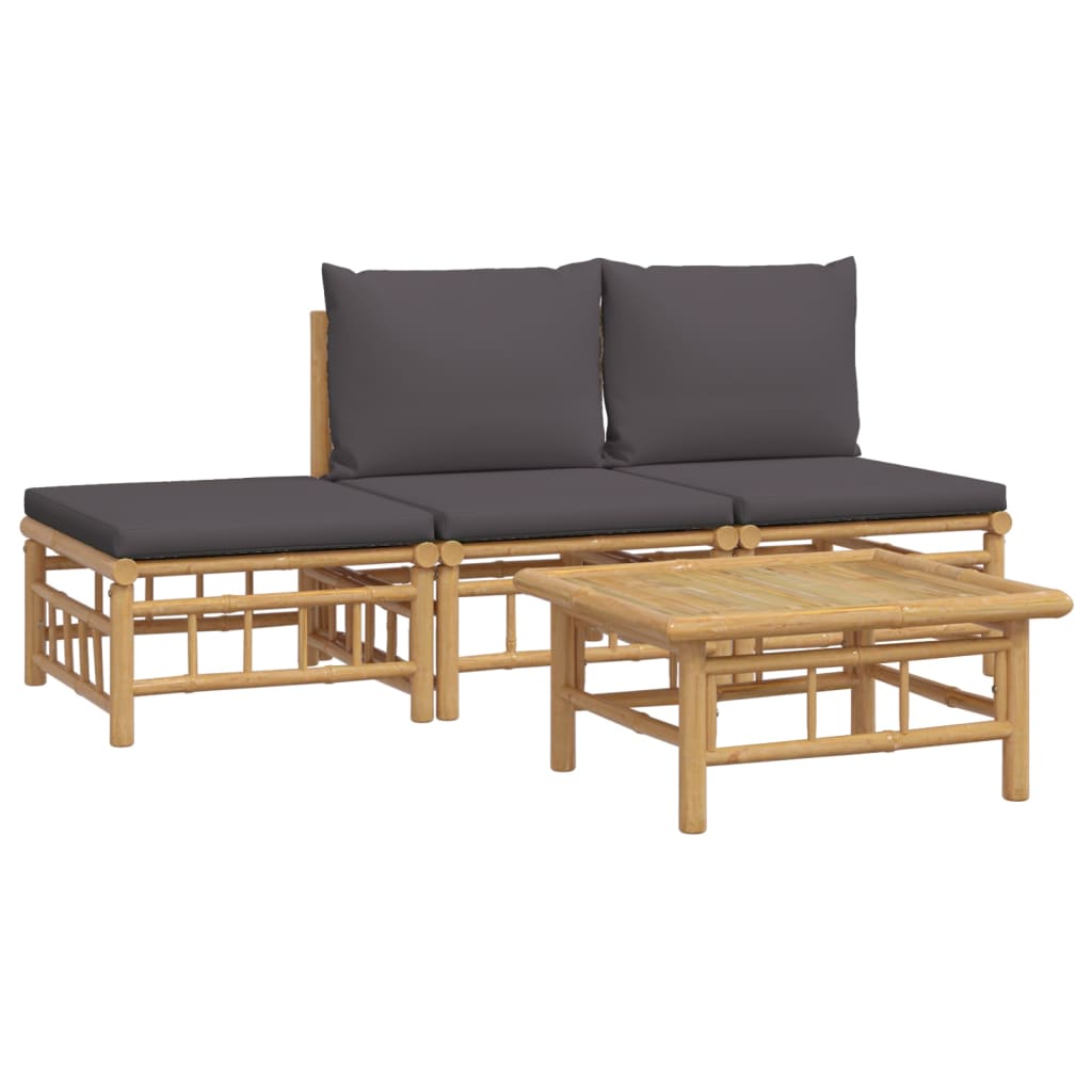 Vidaxl 4-Cz. Garden Furniture Set, Dark Grey Cushions, Bamboo