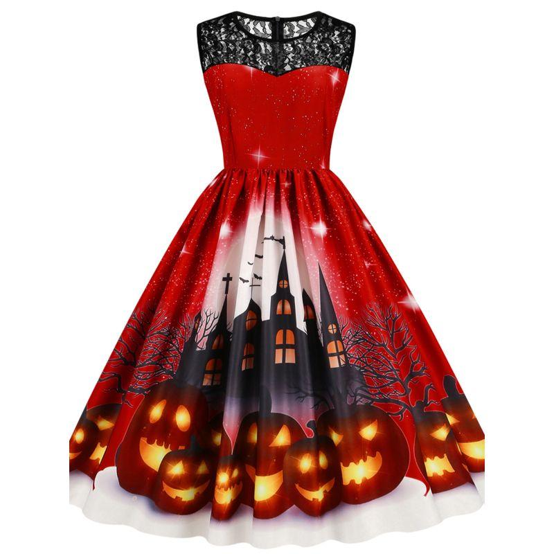 Fashion Halloween round Neck Lace Patchwork Pumpkin Cartoon Print Silm Sleeveless Swing Dress Female Dress
