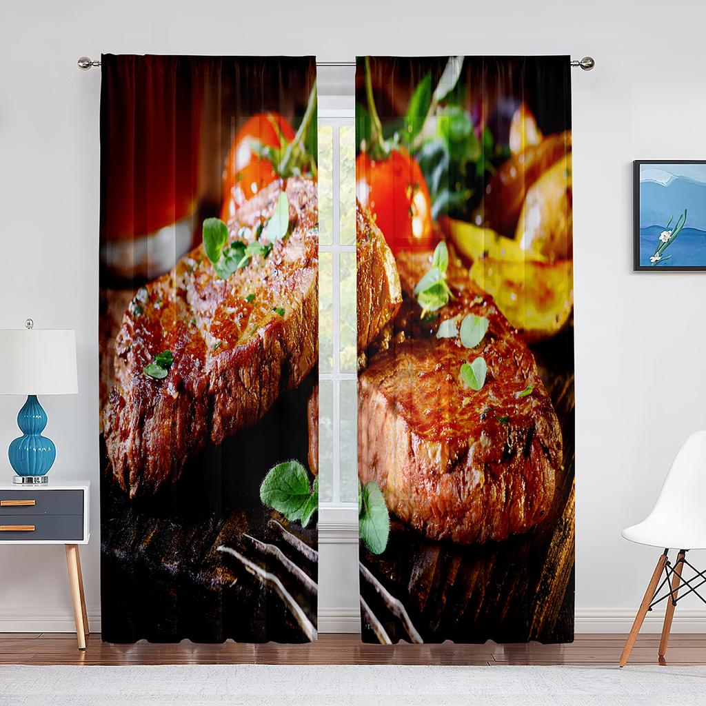 Delicious Steak Beef Food Tulle Curtains for Living Room Bedroom Decoration Modern Chiffon Sheer Voile Kitchen Window Curtain