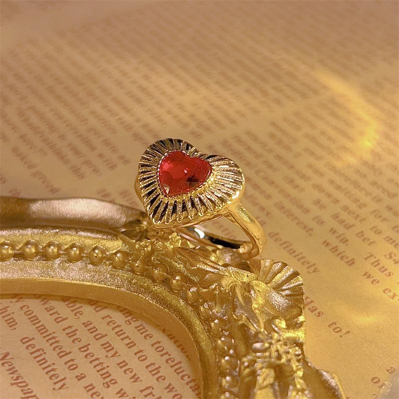 Vintage French Heart Jewelry Set: Pearl & Red Agate Earrings, Ring, Necklace with Clavicle Chain