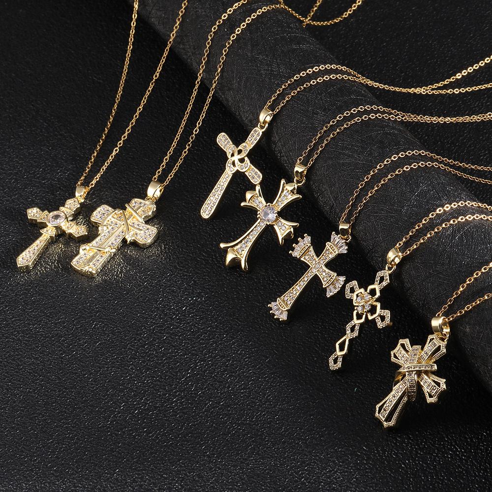 Micro-Set Zircon Cross Pendant Necklace For Women Fashion Versatile Collarbone Chain
