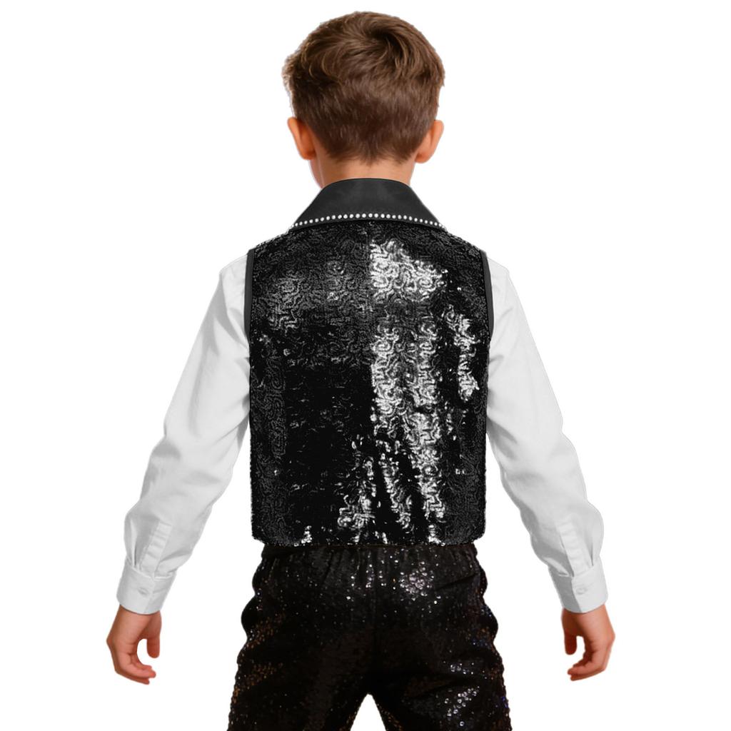Boys Girls Sparkly Sequin Vest Contrast Lapel Collar Sleeveless Asymmetrical Waistcoat for Stage Performance Costume Tops