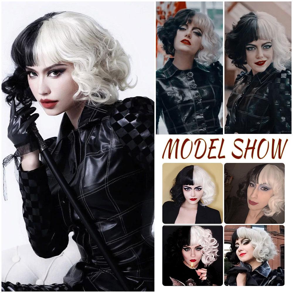 Nová Cosplay paruka CRUELLA De Vil Napůl bílá Napůl Černá Syntetické krátké vlnité paruky s ofinou Pro ženy Tepelně odolné přírodní vlasy