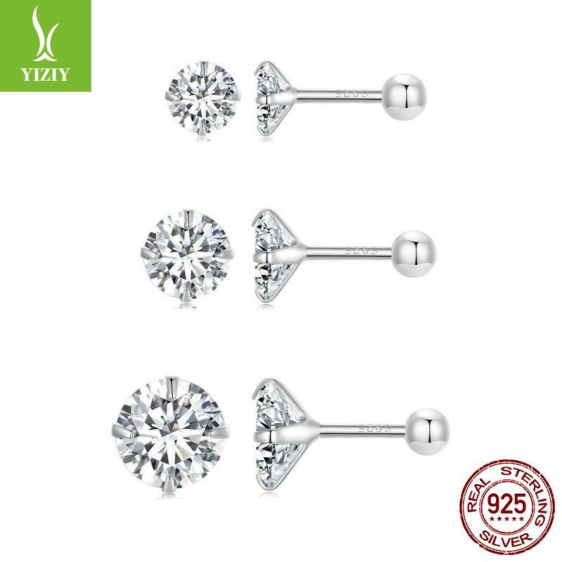 Exquisite Shining Zircon 925 Sterling Silver Stud Earrings, Simple Classic Commuter Wind Threaded Stud Earrings