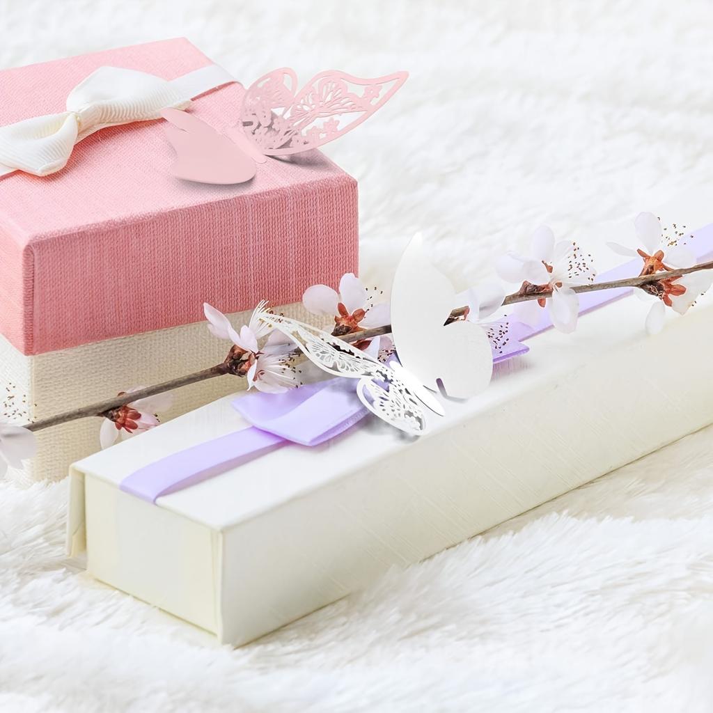 1Set 25Pcs 3D Butterfly Wine Glass & Wall Decor Stickers - Laser - Cut Skeleton Paper Cup Cards for Weddings, Pink & White