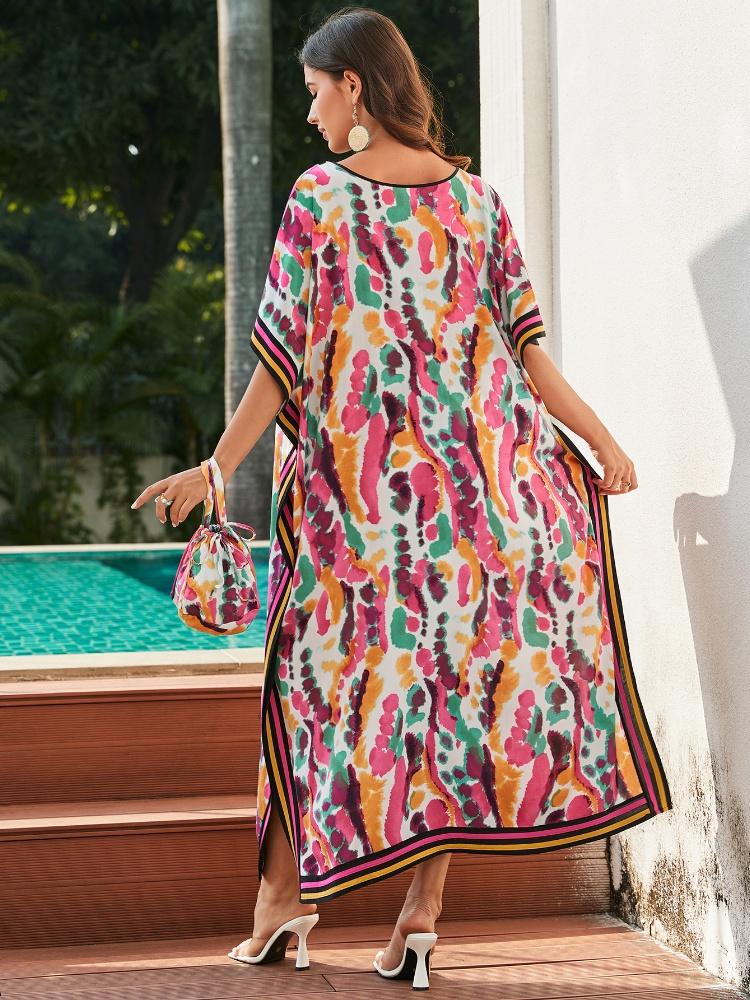 EDOLYNSA Plus Size Kaftan With Bag Bohemian Printed Summer Long Beach Dress Women Homewear Outfit Swim Suit Cover Up Loose Caftan