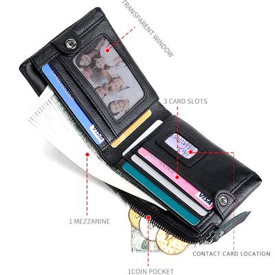 Fashion Zipper Wallets  Genuine Leather Wallet Card Holder for Men Women RFID Blocking Card ID Badge Coin Purse