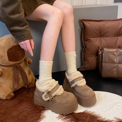 Shoes Women's Shoes College Style Fashion Trend Cotton Fluffy Shoes Women's Bows Keep Warm Winter Velvet Heightened Thick Sole