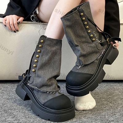 Women Boots British Fashion  Rivet Zipper Pants Leg Boots New Thick Soled Belt Buckle Platform Anti Slip Cowboy Short Boots