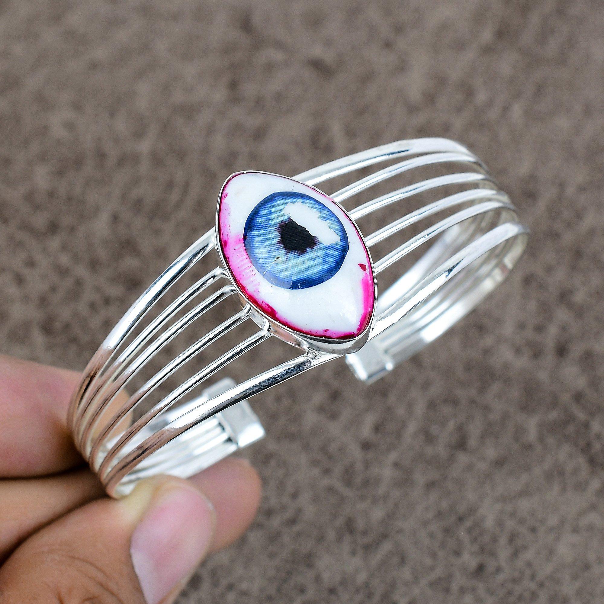 

White Evil Eye Gemstone Handmade 925 Sterling Silver Cuff Bangle Adjustable KKG-219