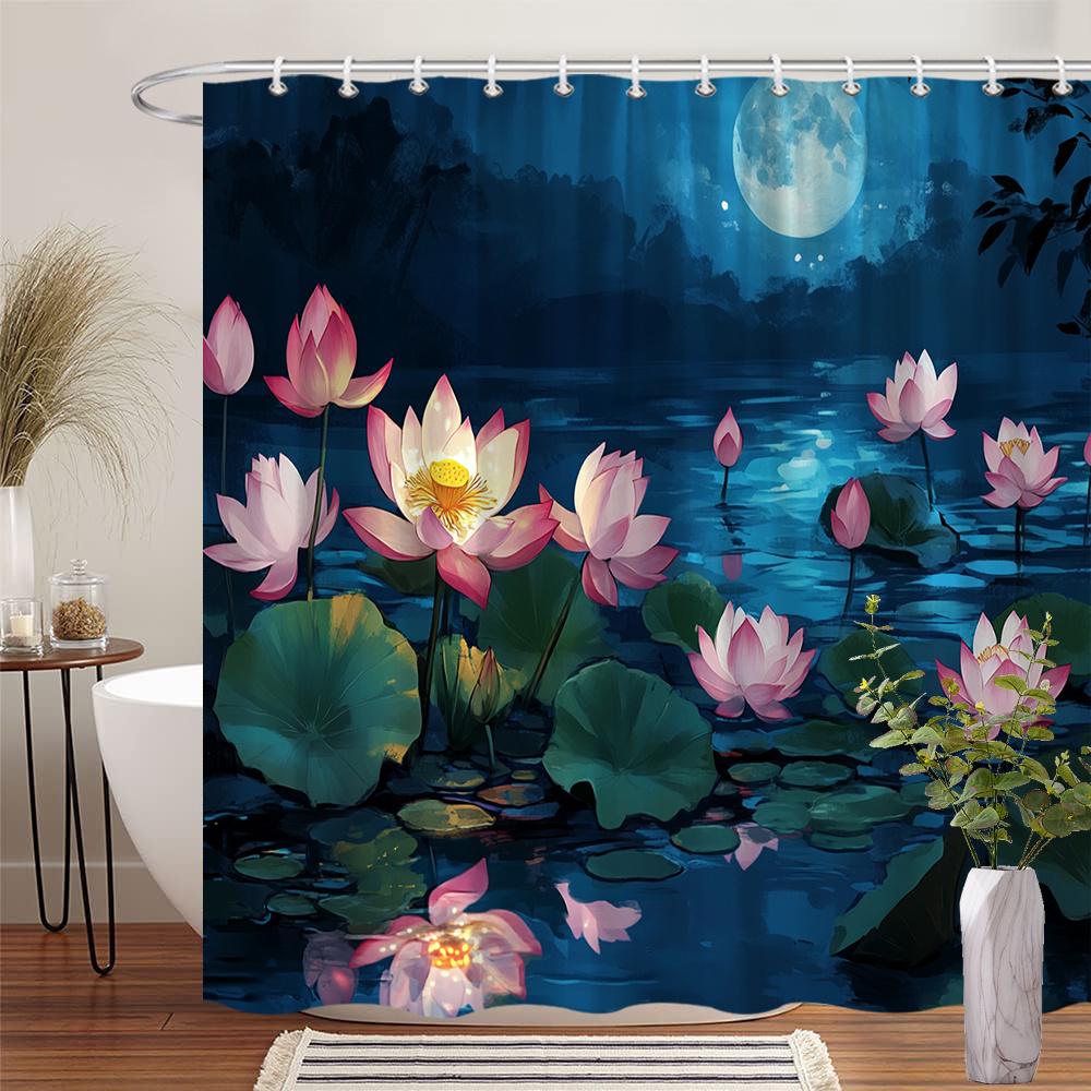 Moonlit Lotus Pond Waterproof Shower Curtain For Bathroom Decor