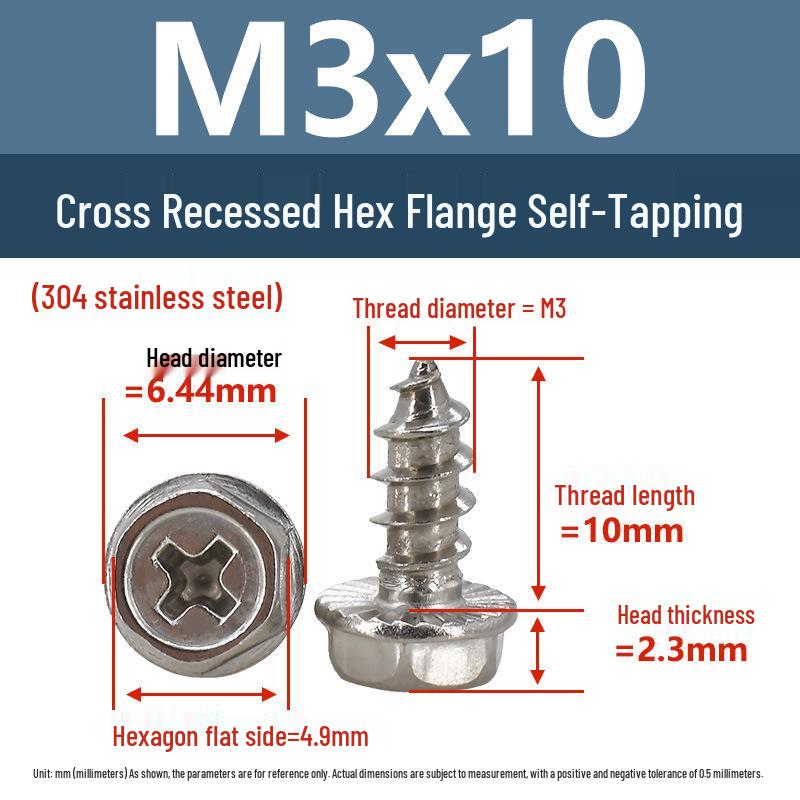 Yigu Stainless Steel Phillips Hex Head Self-Tapping Screws with Washer, Anti-Slip, Pointed Tip, M3-M6