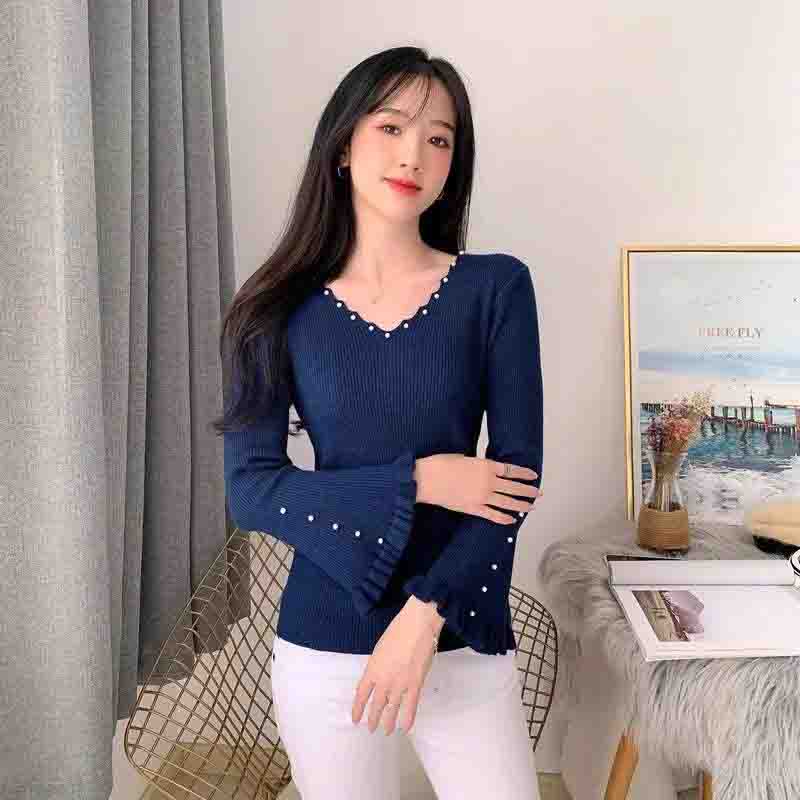 Knitwear Women's V-neck Long-sleeved Sweater Women's Outer Wear Beaded Fashion Casual Pullover Bottoming Shirt