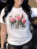 Damen Pink Rose Grünes Blatt Blumenprint T-Shirt Rundhalsausschnitt Kurze Ärmel Weich Atmungsaktiv Lässig Frühling Sommer Alltags Oberteil