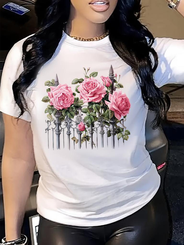 Damen Pink Rose Grünes Blatt Blumenprint T-Shirt Rundhalsausschnitt Kurze Ärmel Weich Atmungsaktiv Lässig Frühling Sommer Alltags Oberteil