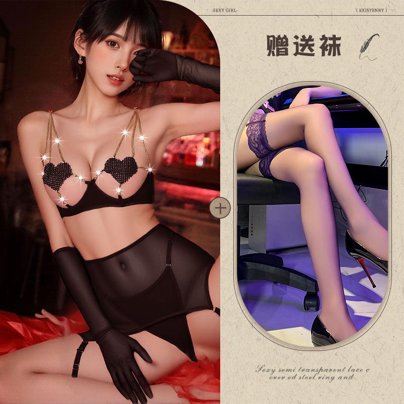 Sex underwear women's love chain hollow perspective temptation mesh bed teasing abstinence soul set