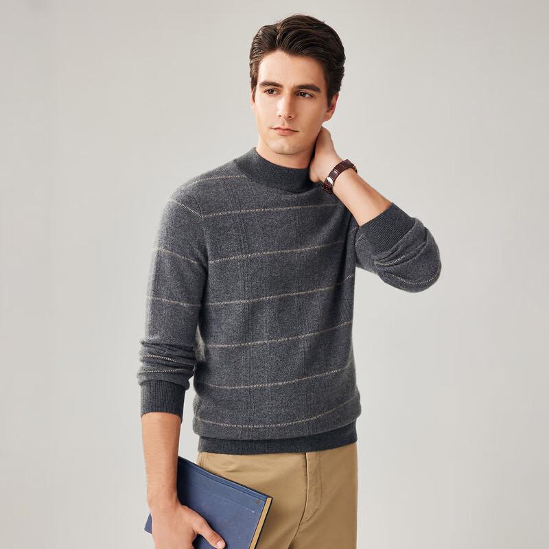 Zhaojun Men's 100% Cashmere Striped Mock Neck Sweater
