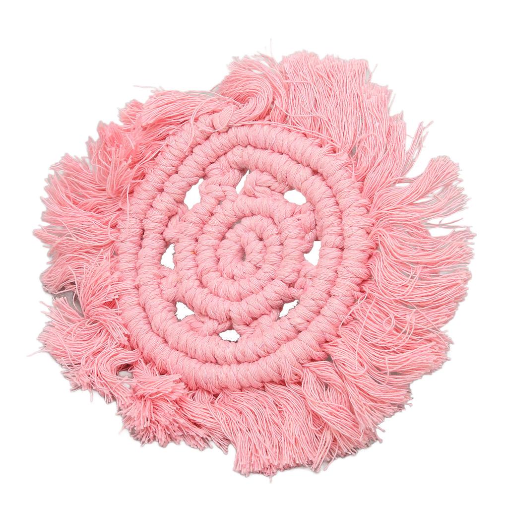 4pcs Cotton Thread Woven Drink Coasters with Tassel Round Pure Color Elegant Lipstick Pot Pads Mats