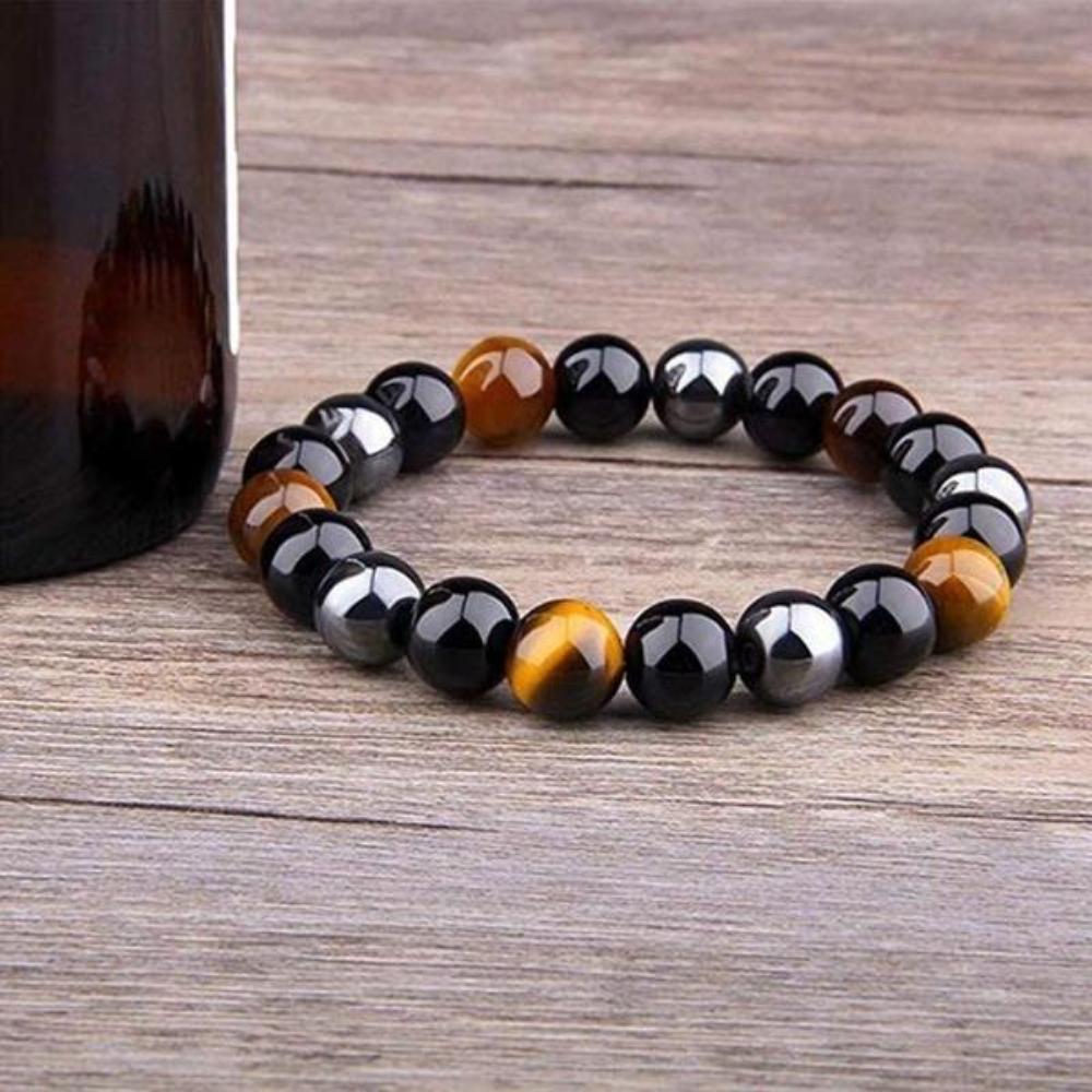 Bracciale in pietra naturale da 8 / 10MM Occhio di tigre Protezione tripla semi Ematite e bracciale in ossidiana nera Coppia regalo di gioielli