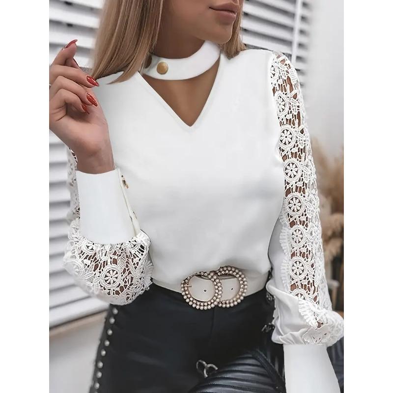 

Spring Summer Long Sleeve Lace Womens Blouse 2026 New Office V-neck Casual Loose Shirt New Fashion Elegant Hollow Solid White Women Tops Clothing XXL білий